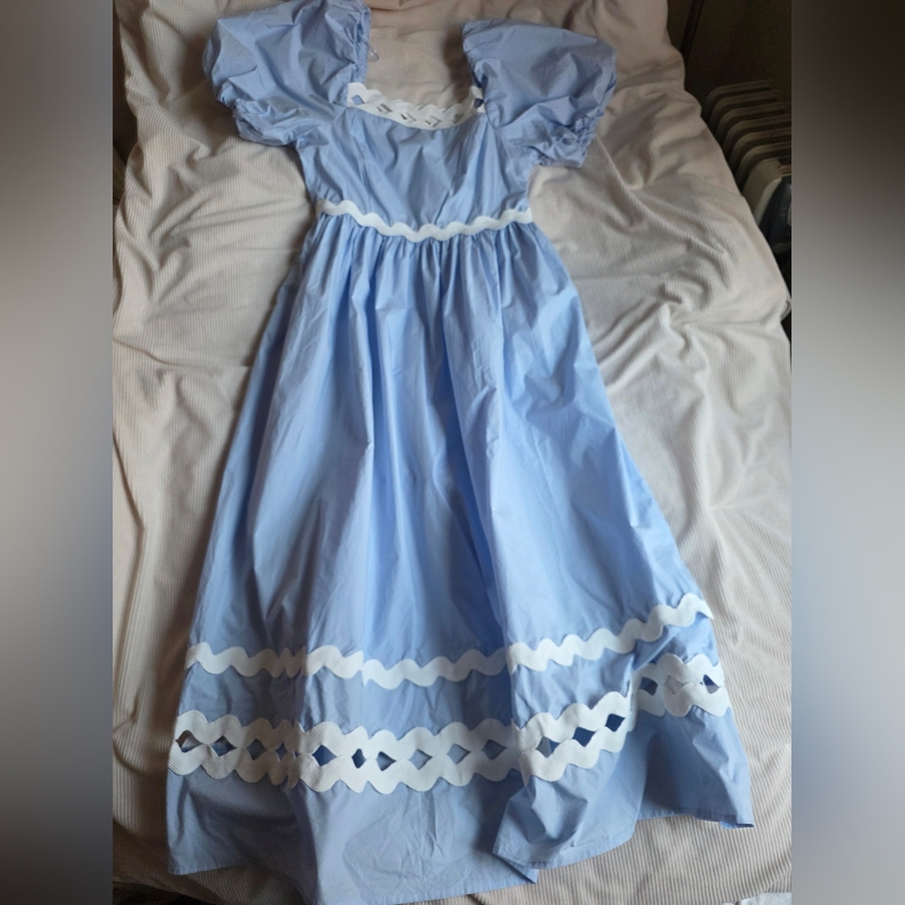 English Factory Scallop-Trim Cotton Midi Dress Sz L Blue Ecru Trim Nwt - Picture 11 of 16